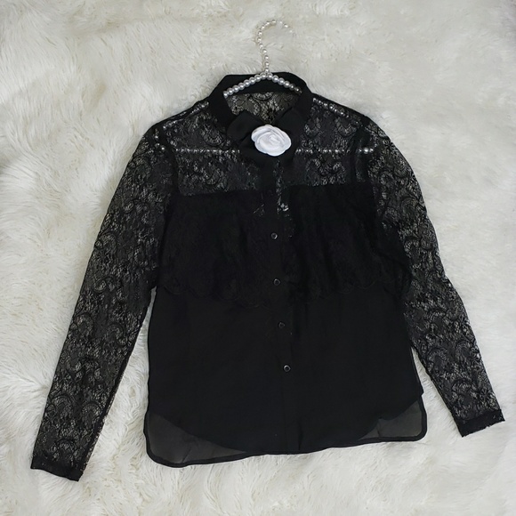 Lace Button Down Womens Blouse - Picture 2 of 3